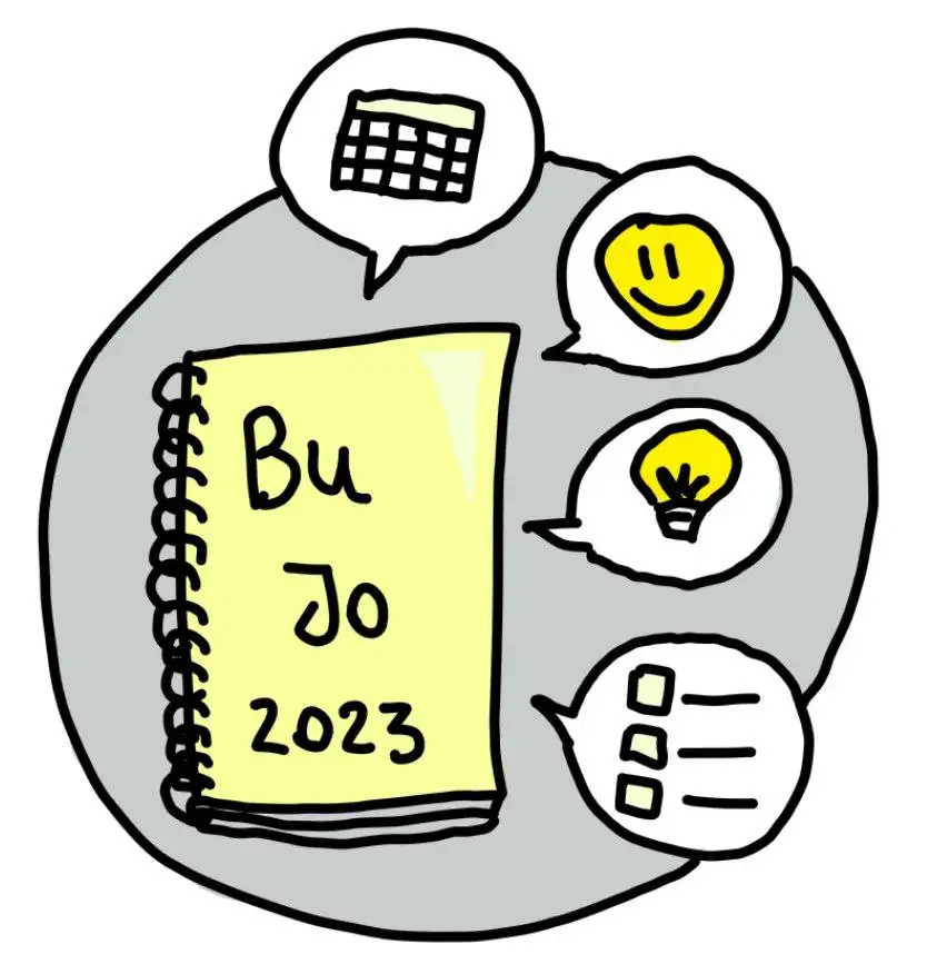 Un cuaderno que en la tapa dice BuJo 2023, haciendo referencia a la técnica Bullet Journal de organización personal. Salen 4 globos: una carita feliz, un calendario, una idea y tres tareas pendientes
