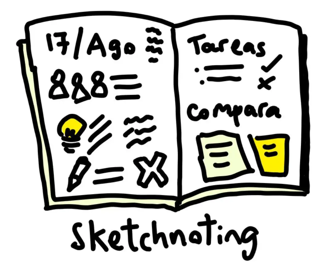 Un cuaderno abierto con notas visuales de una reunión: fecha, acciones, personas y algún que otro dibujito